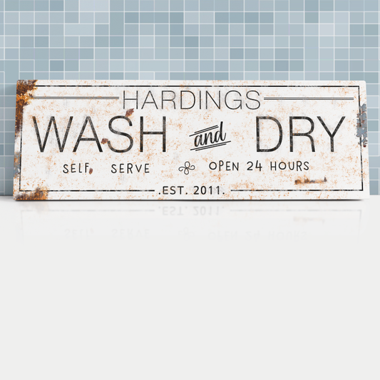 Personalized Wash and Dry Laundry Sign – Custom Name & Est. Date Rustic Farmhouse Laundry Wall Decor – Self-Serve Open 24 Hours Vintage Canvas Print for Mudroom, Utility Room
