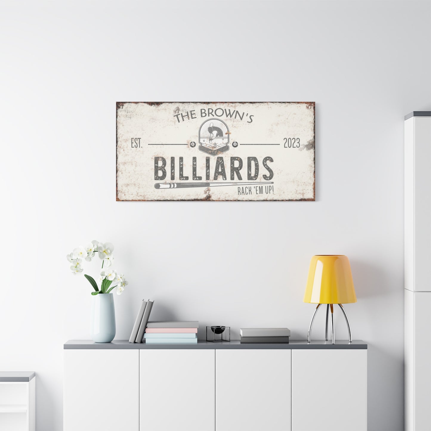 Personalized Billiards Sign - Custom Last Name Pool Hall Wall Art for Man Cave, Basement Bar, Lounge, or Game Room - Rustic Vintage Canvas Decor - Custom Gift for Him, Father's Day, or Housewarming