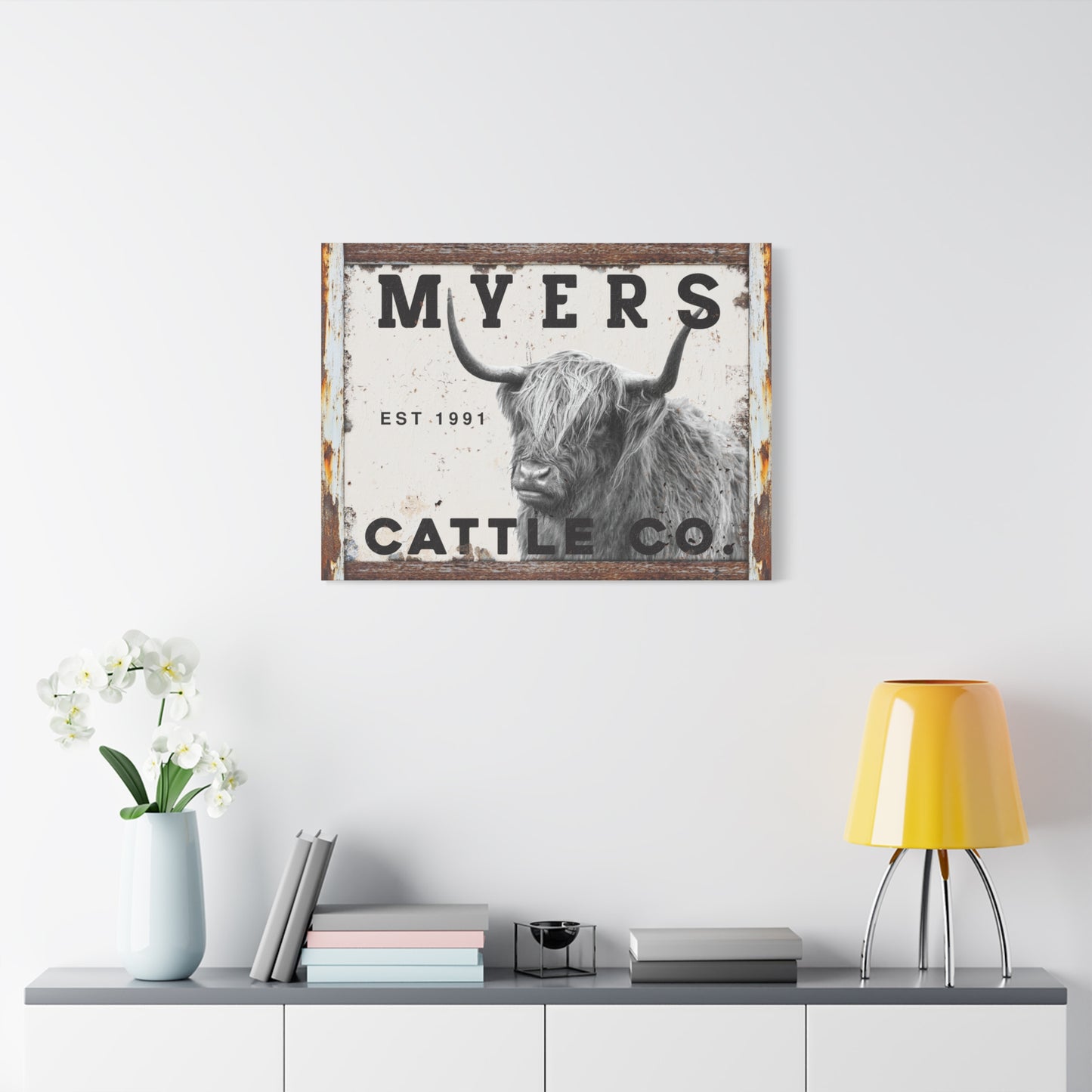 Personalized Farmhouse Signs - Custom Highland Cow Wall Art – Fluffy Highland Cattle Ranch Signs, Farmhouse Decor Prints, Floral Watercolor Cow Paintings, Rustic Living Room Canvas