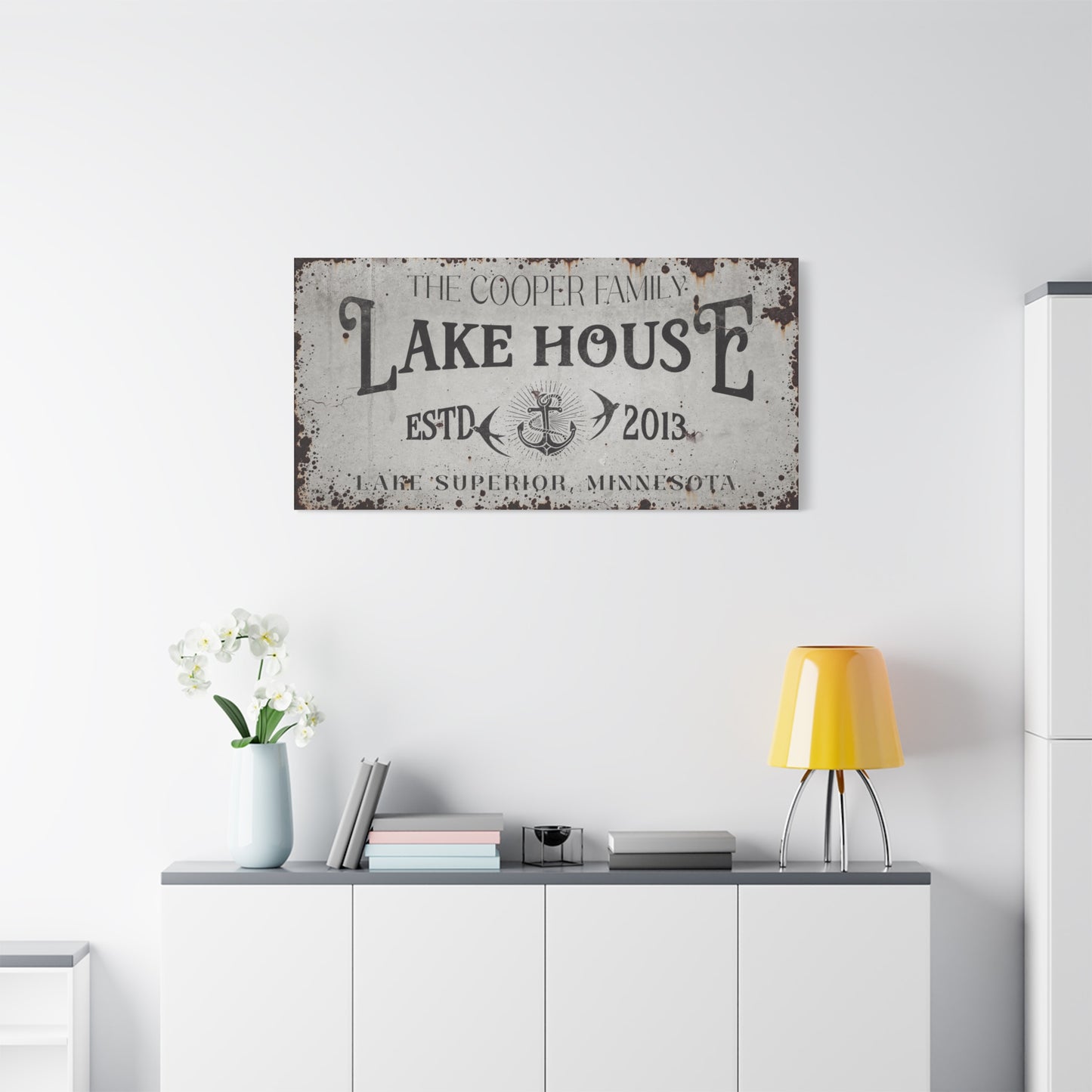 Personalized Lake House Sign – Custom Rustic Farmhouse Wall Decor, Vintage Distressed Canvas, Modern Lakehouse Art, Coordinates Sign, Cabin Cottage Summer Home Gift