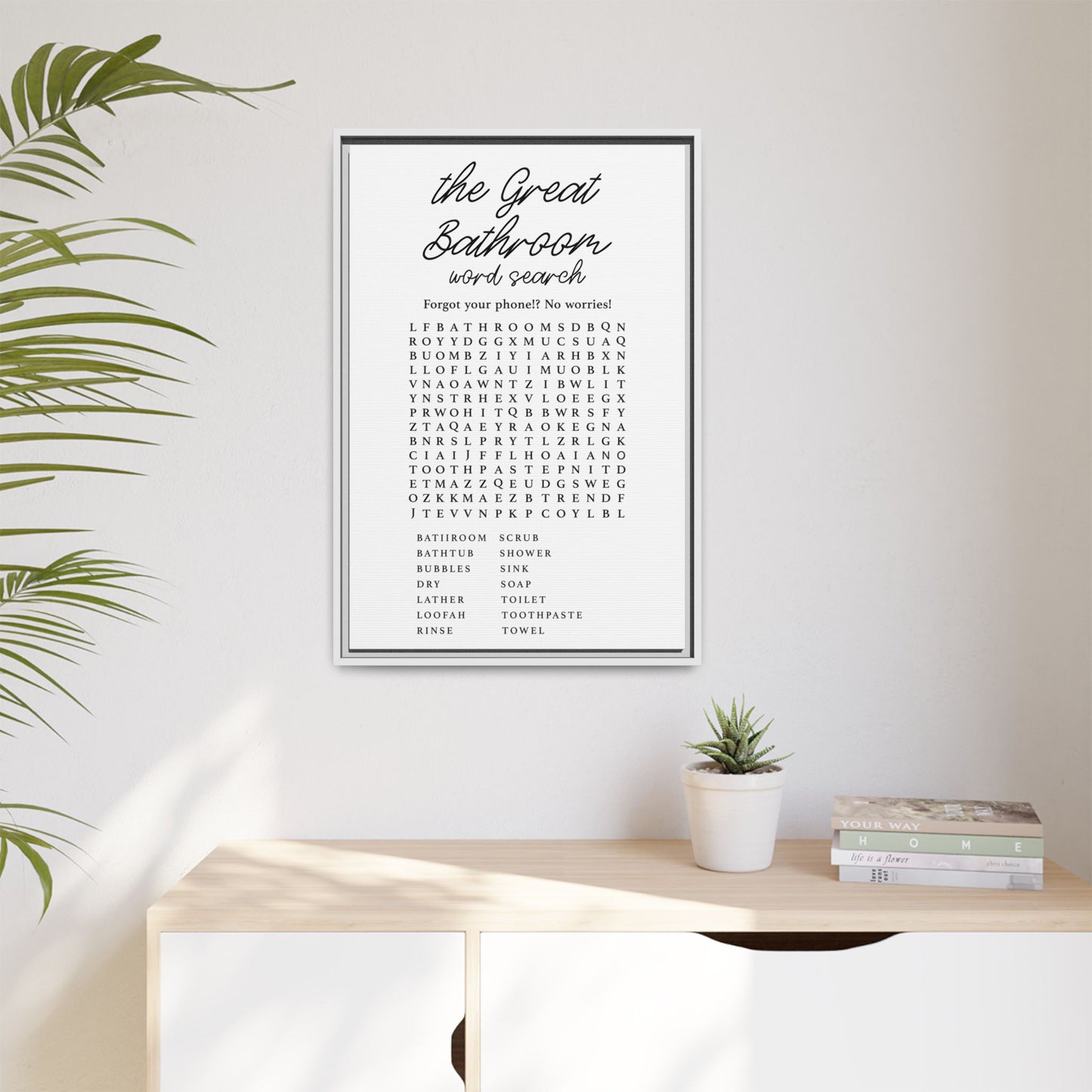 Personalized Bathroom Sign - Word Search Canvas Bath Wall Art - Custom Framed Bath Decor, Farmhouse Signs, Word Search Puzzle Print - Fun Sign