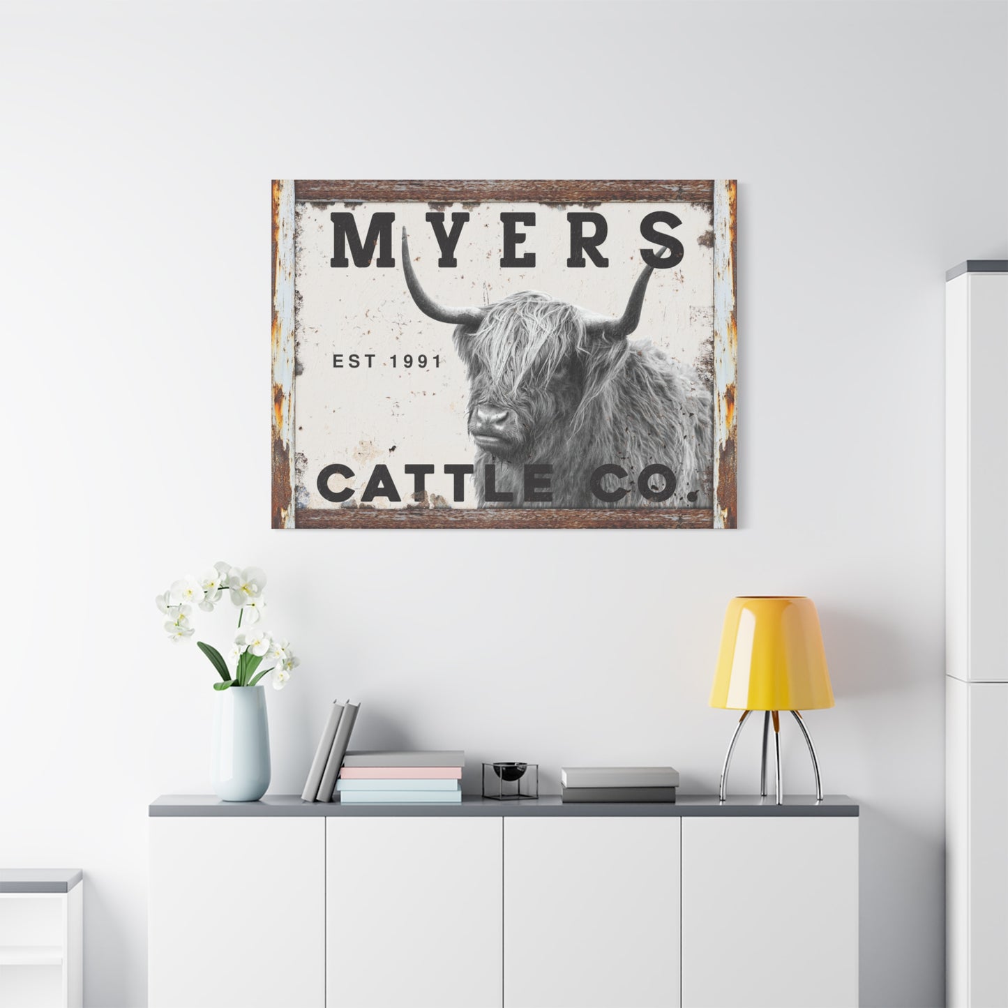 Personalized Farmhouse Signs - Custom Highland Cow Wall Art – Fluffy Highland Cattle Ranch Signs, Farmhouse Decor Prints, Floral Watercolor Cow Paintings, Rustic Living Room Canvas