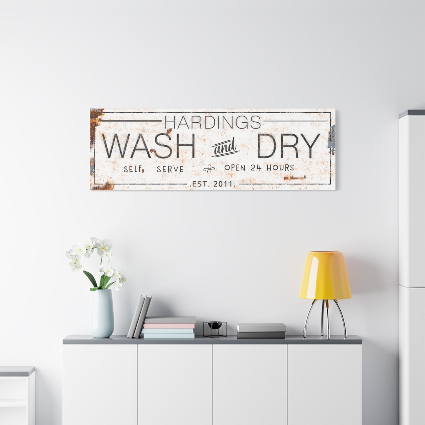 Personalized Wash and Dry Laundry Sign – Custom Name & Est. Date Rustic Farmhouse Laundry Wall Decor – Self-Serve Open 24 Hours Vintage Canvas Print for Mudroom, Utility Room