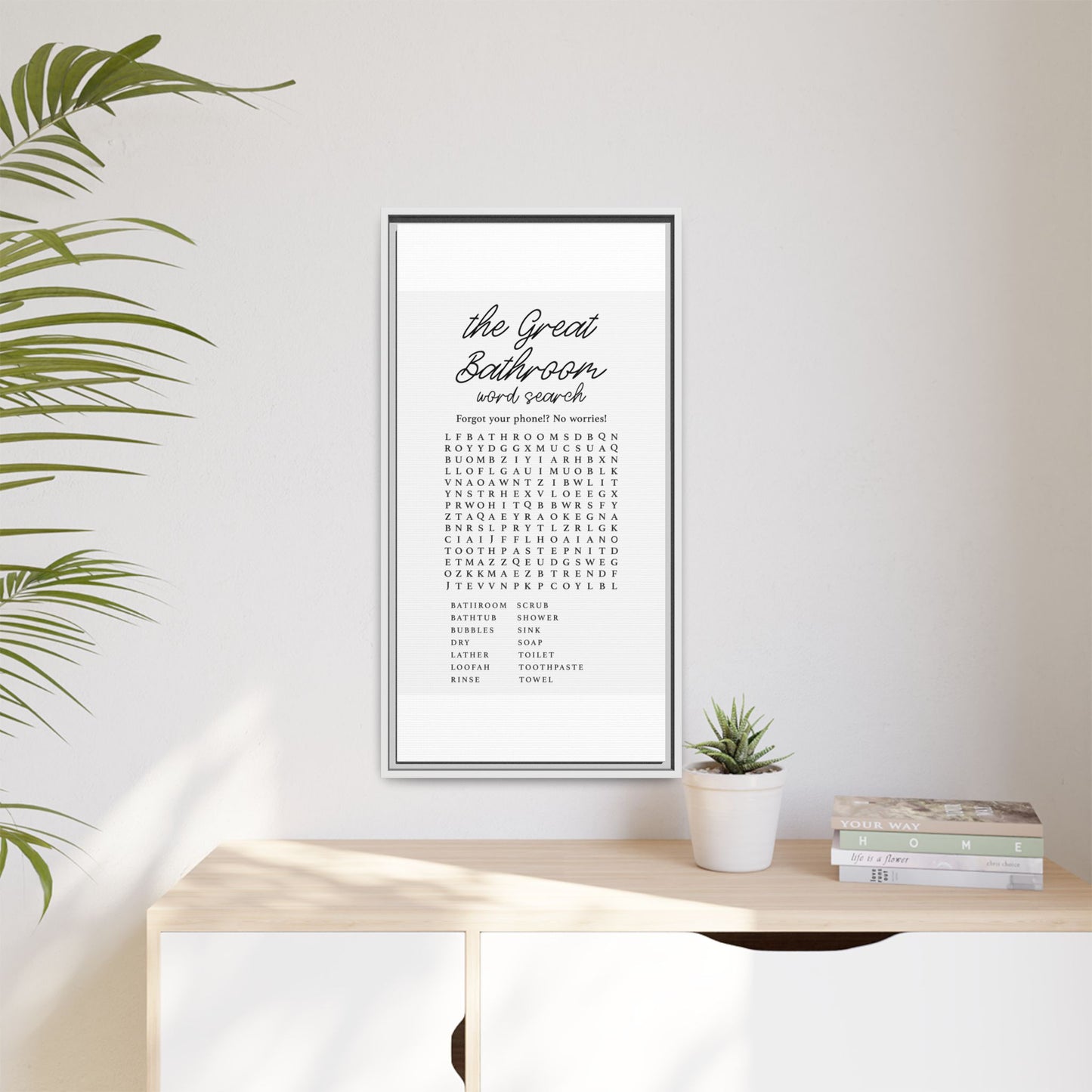 Personalized Bathroom Sign - Word Search Canvas Bath Wall Art - Custom Framed Bath Decor, Farmhouse Signs, Word Search Puzzle Print - Fun Sign