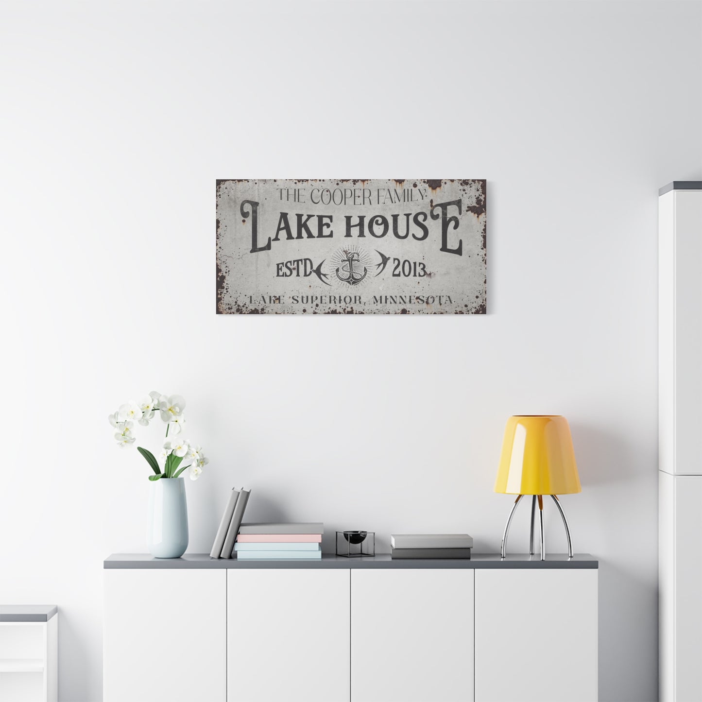 Personalized Lake House Sign – Custom Rustic Farmhouse Wall Decor, Vintage Distressed Canvas, Modern Lakehouse Art, Coordinates Sign, Cabin Cottage Summer Home Gift