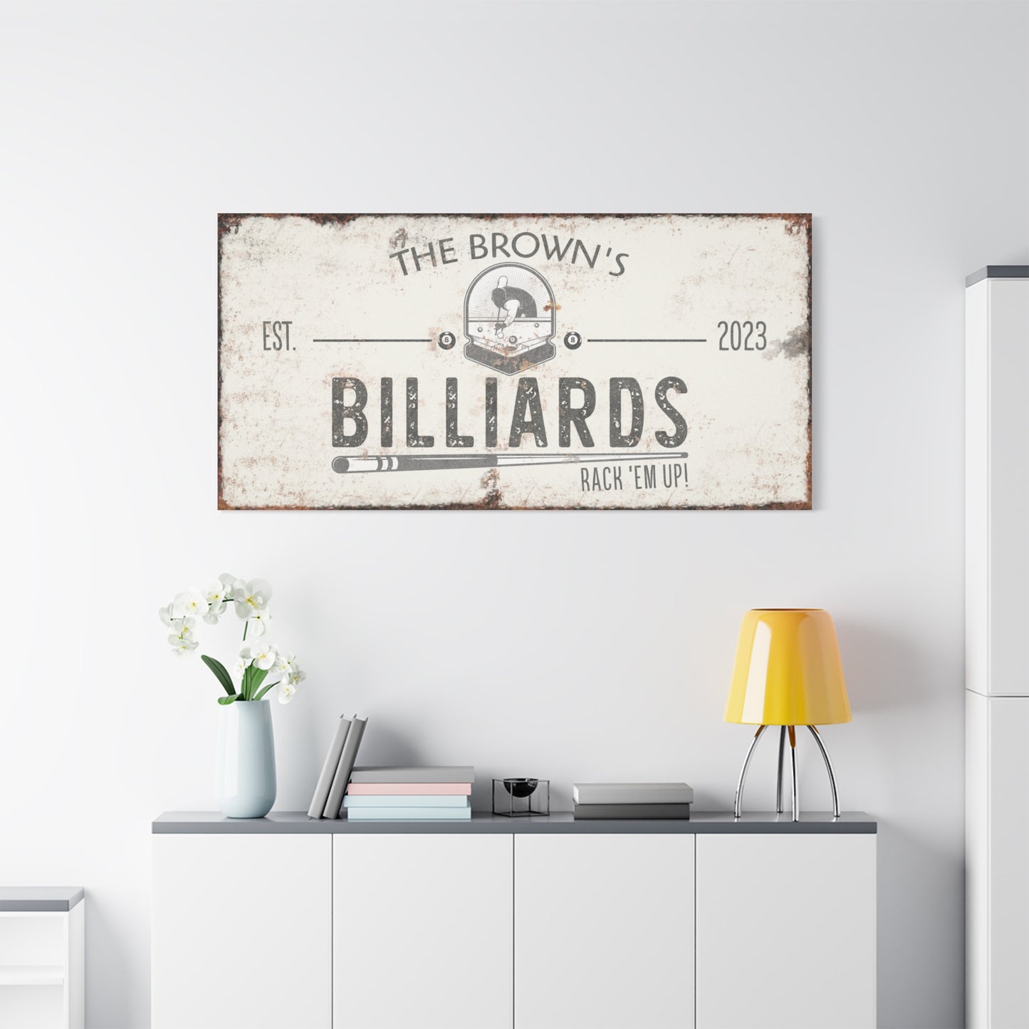 Personalized Billiards Sign - Custom Last Name Pool Hall Wall Art for Man Cave, Basement Bar, Lounge, or Game Room - Rustic Vintage Canvas Decor - Custom Gift for Him, Father's Day, or Housewarming