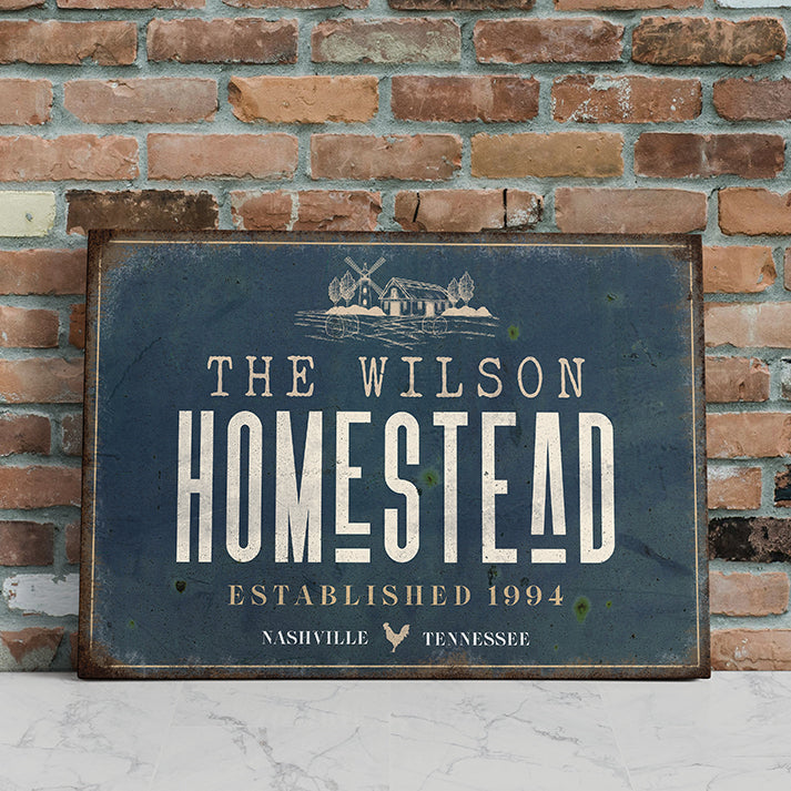 Custom Rustic Homestead Sign - Personalized Family Name Farmhouse Wall Art, Modern Farmstead Decor on Black Canvas, Grunge Country Porch Sign, Established Date Homestead Print