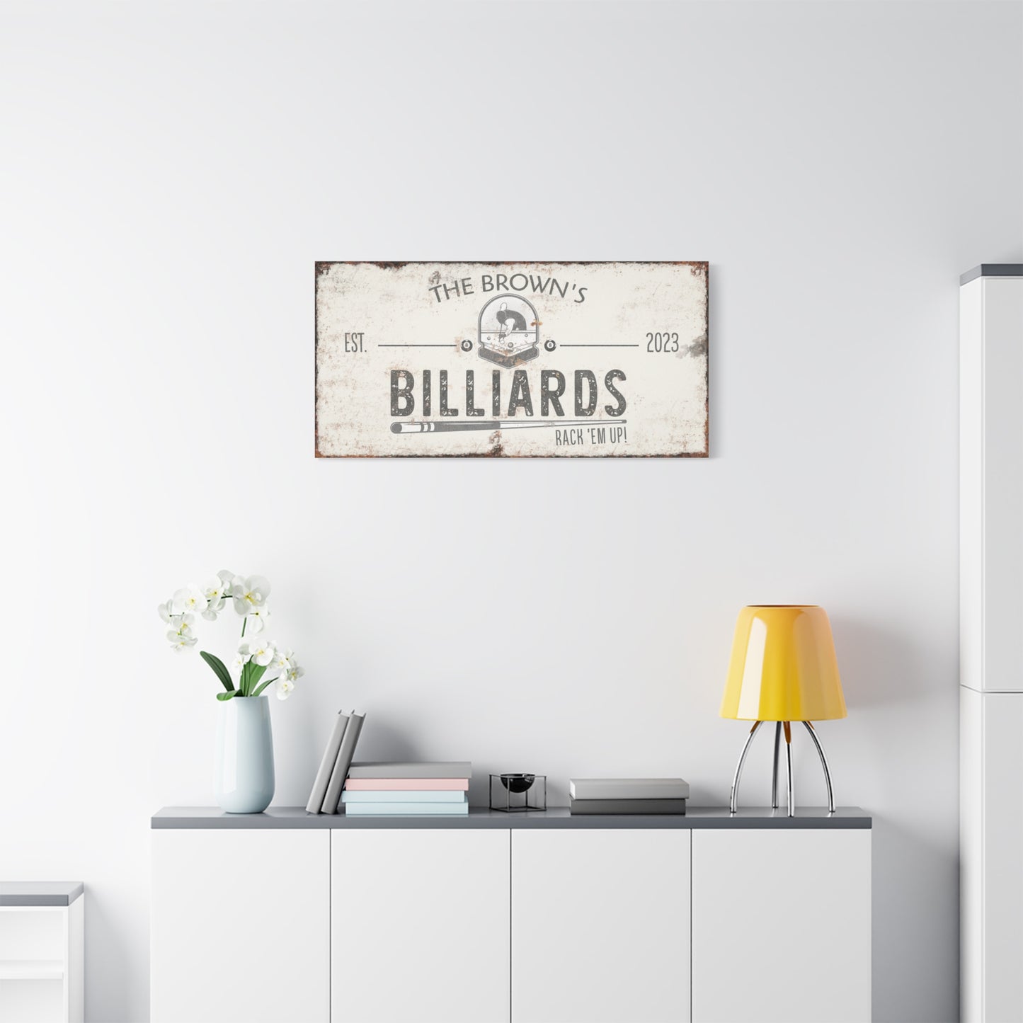 Personalized Billiards Sign - Custom Last Name Pool Hall Wall Art for Man Cave, Basement Bar, Lounge, or Game Room - Rustic Vintage Canvas Decor - Custom Gift for Him, Father's Day, or Housewarming