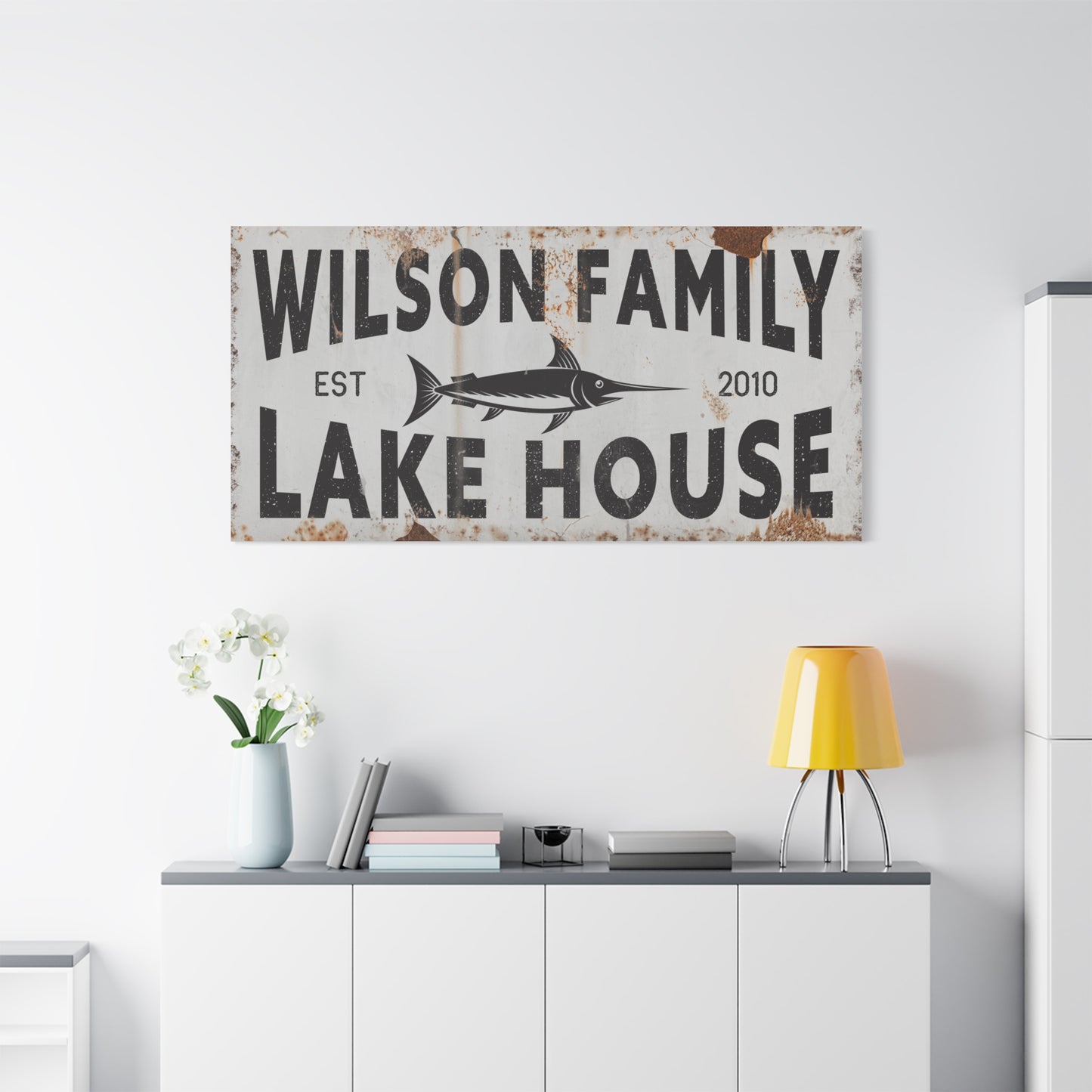 Custom Lake House Sign - Personalized Large Lake House Sign - Vintage Large Mouth Wall Art - Rustic Black and White Farmhouse Decor - Lake Life Wooden Sign for Cabin, Airbnb, or Coastal Home