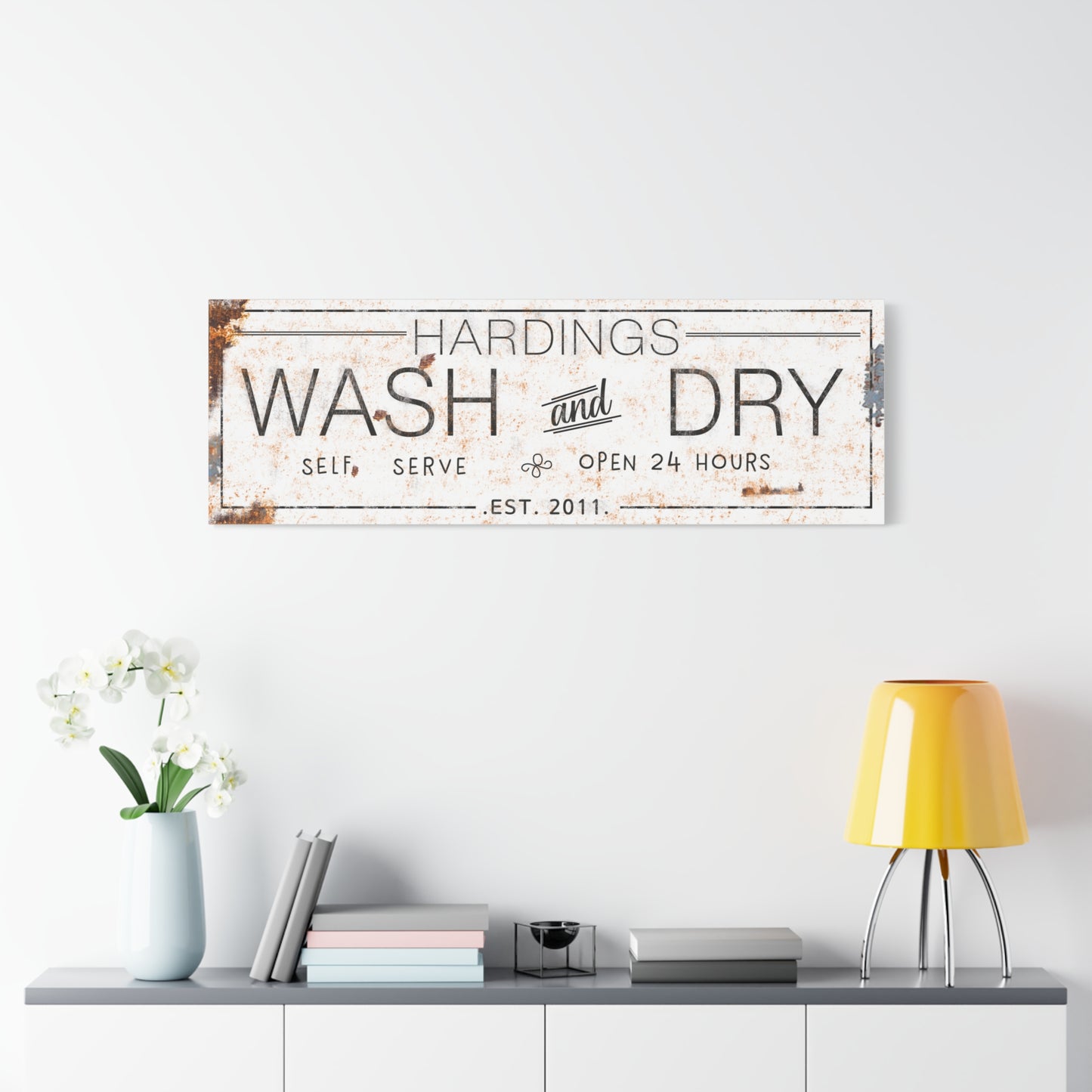 Personalized Wash and Dry Laundry Sign – Custom Name & Est. Date Rustic Farmhouse Laundry Wall Decor – Self-Serve Open 24 Hours Vintage Canvas Print for Mudroom, Utility Room