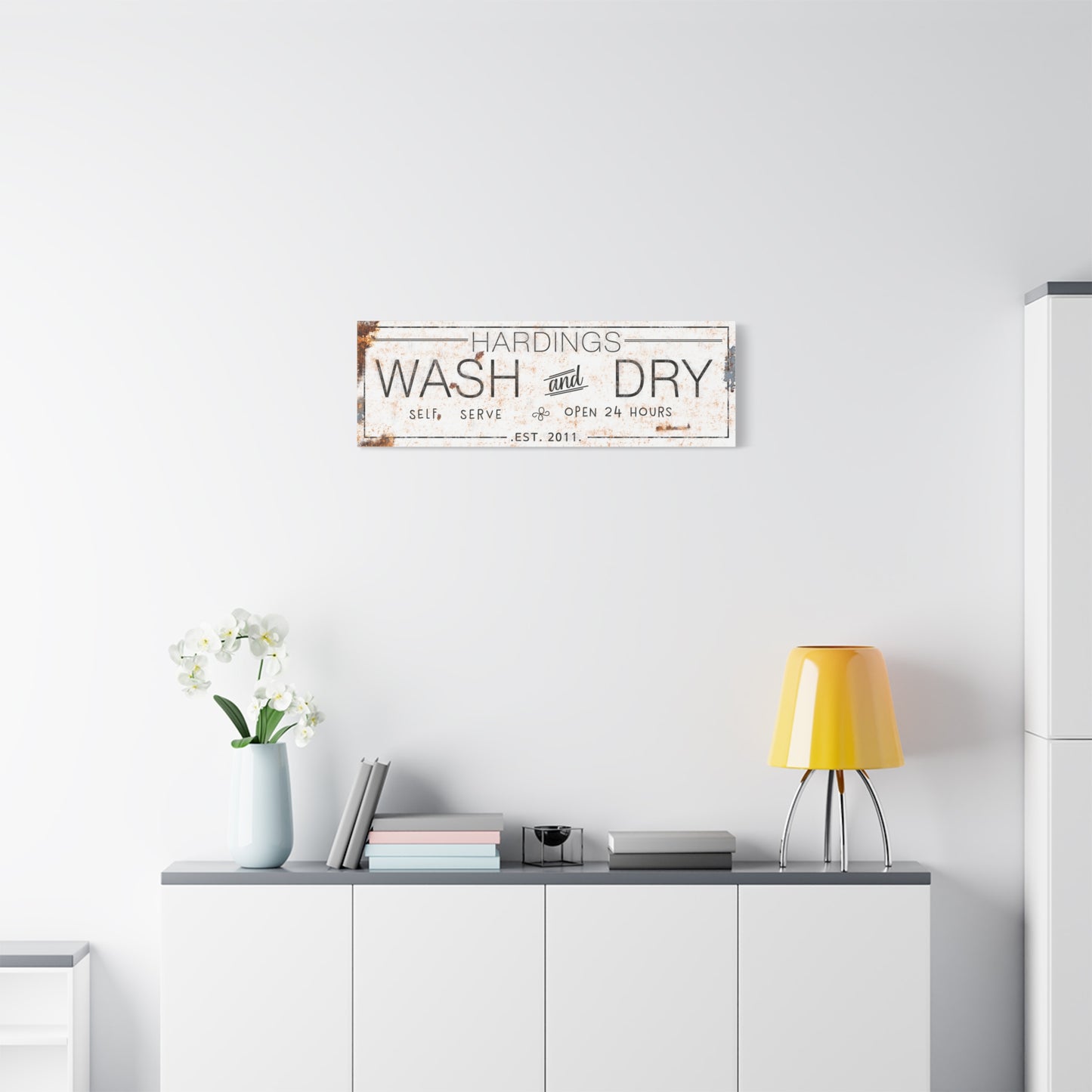 Personalized Wash and Dry Laundry Sign – Custom Name & Est. Date Rustic Farmhouse Laundry Wall Decor – Self-Serve Open 24 Hours Vintage Canvas Print for Mudroom, Utility Room