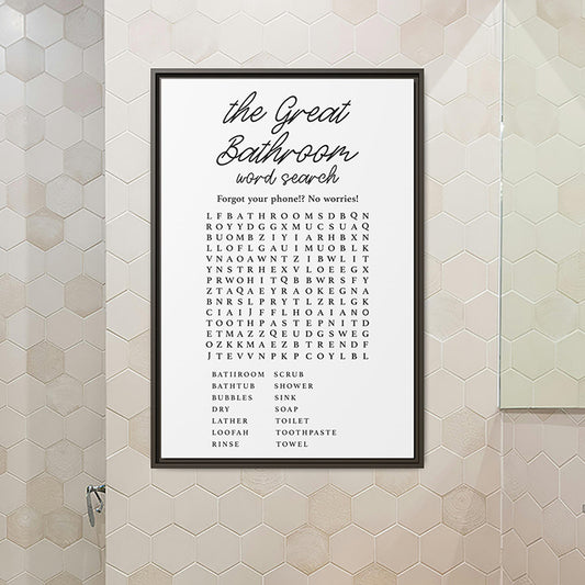 Personalized Bathroom Sign - Word Search Canvas Bath Wall Art - Custom Framed Bath Decor, Farmhouse Signs, Word Search Puzzle Print - Fun Sign
