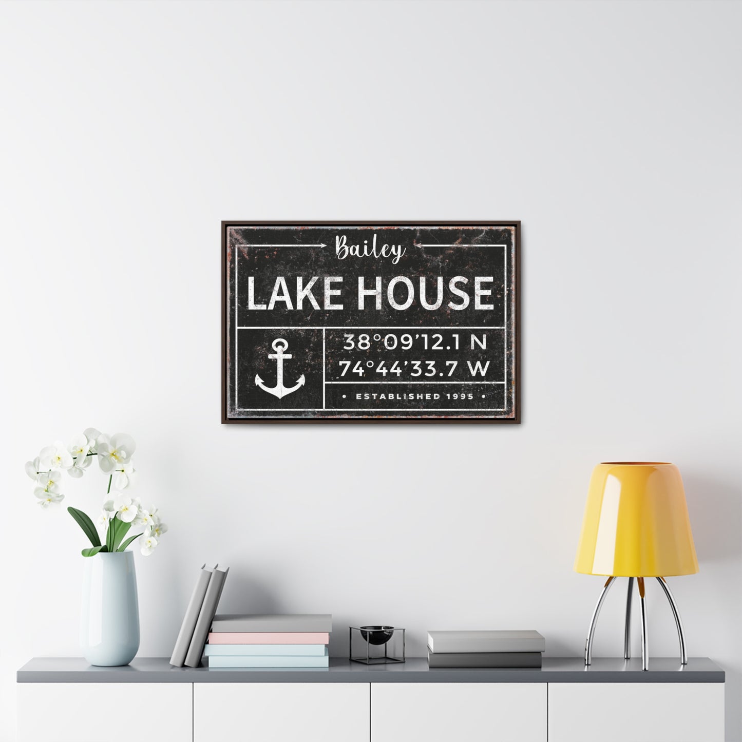 Personalized Lake House Signs - Vintage Lake House Sign with Last Name Canvas - Custom Coordinates and Anchor Art - Unique Housewarming Gift - Decor for Entryway, Patio, or Cottage - Mid Century Modern Lake Poster