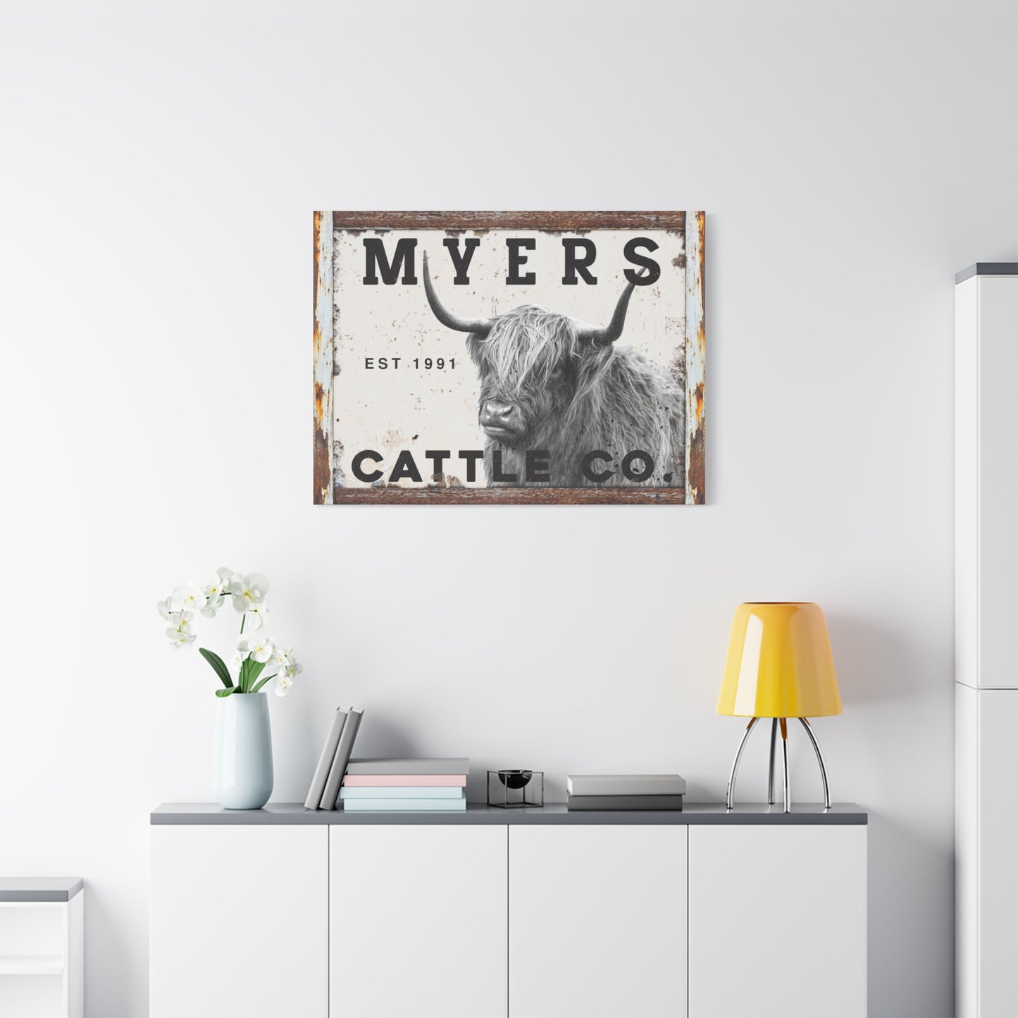 Personalized Farmhouse Signs - Custom Highland Cow Wall Art – Fluffy Highland Cattle Ranch Signs, Farmhouse Decor Prints, Floral Watercolor Cow Paintings, Rustic Living Room Canvas