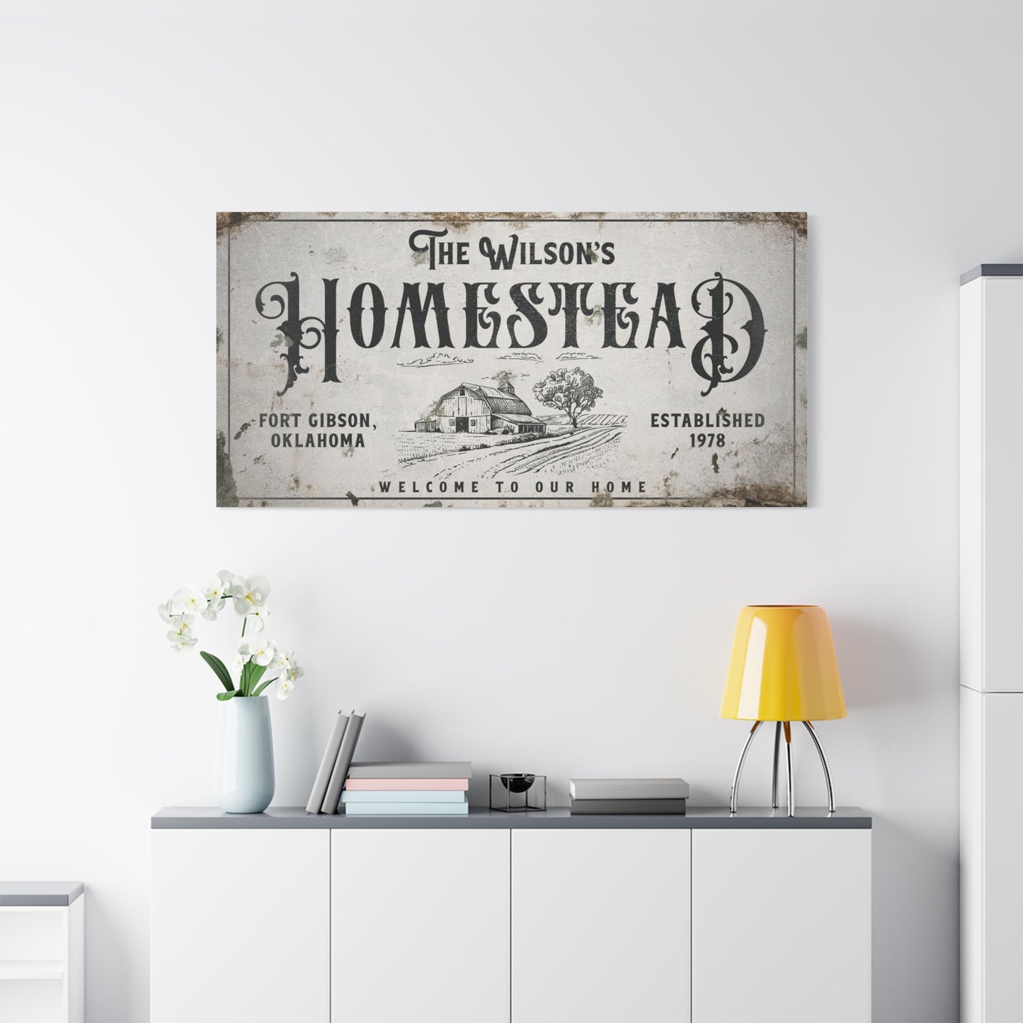 Personalized Vintage Homestead Sign with Sunshine Biscuits, Currier & Ives Spring & Summer Artwork, Cherry Blossoms, Rustic Farm Life, Folk Art, Antique Style Kitchen Decor, Gold and White Side Deco, Galvanized Display