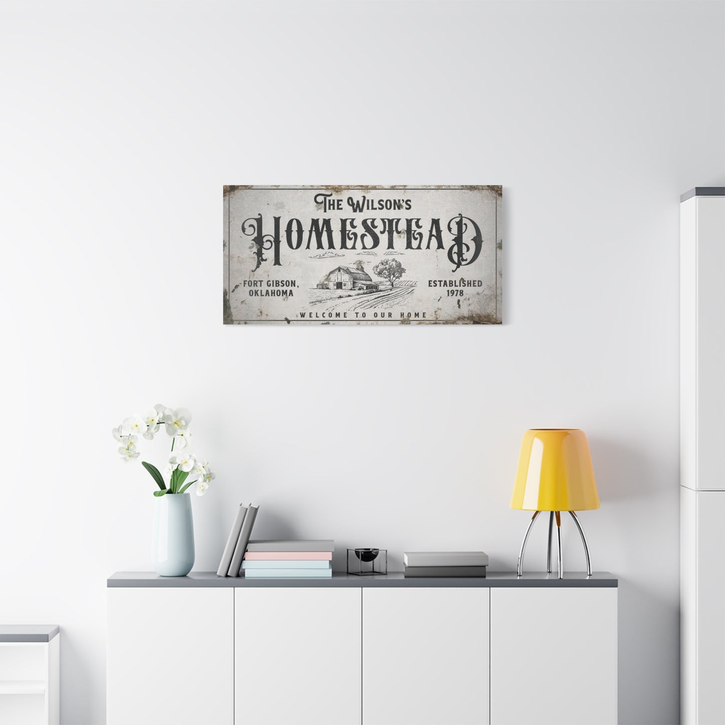 Personalized Vintage Homestead Sign with Sunshine Biscuits, Currier & Ives Spring & Summer Artwork, Cherry Blossoms, Rustic Farm Life, Folk Art, Antique Style Kitchen Decor, Gold and White Side Deco, Galvanized Display