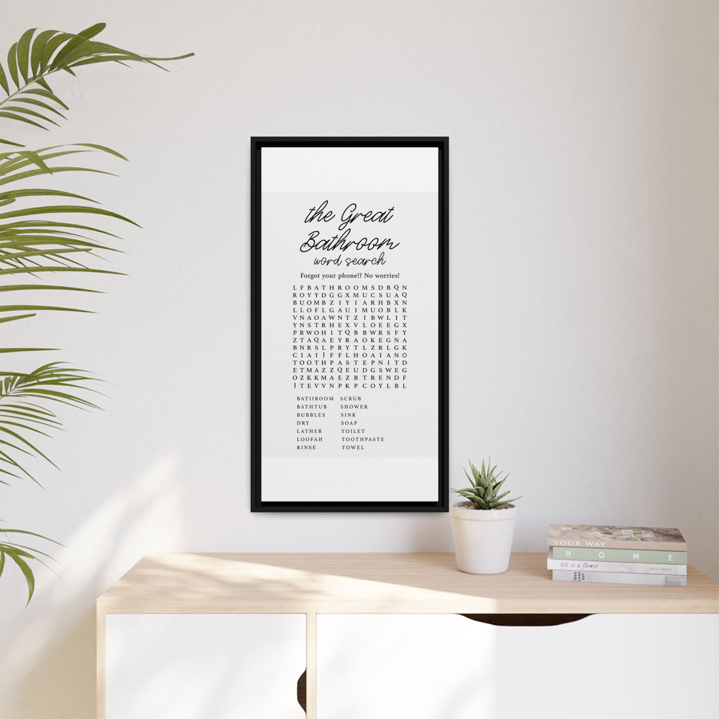 Personalized Bathroom Sign - Word Search Canvas Bath Wall Art - Custom Framed Bath Decor, Farmhouse Signs, Word Search Puzzle Print - Fun Sign