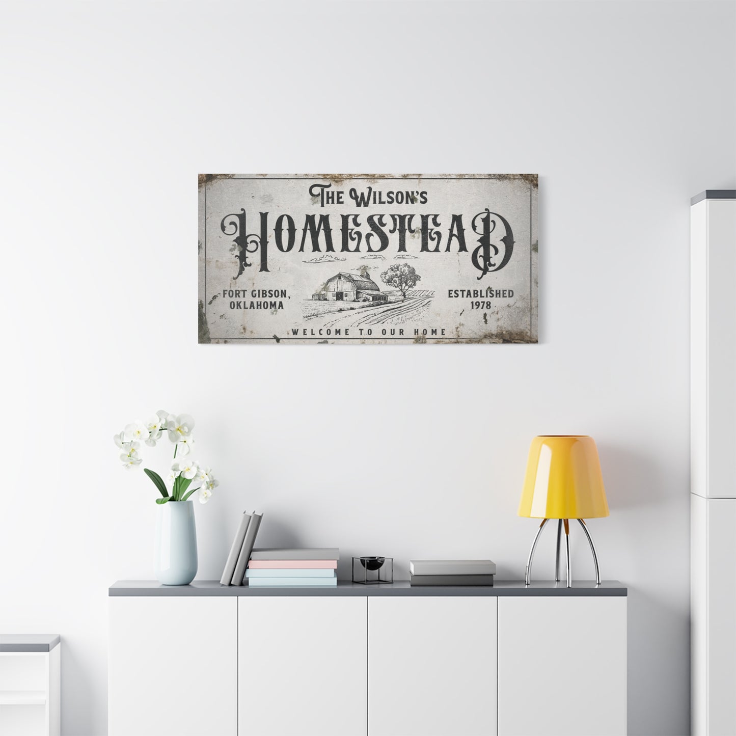 Personalized Vintage Homestead Sign with Sunshine Biscuits, Currier & Ives Spring & Summer Artwork, Cherry Blossoms, Rustic Farm Life, Folk Art, Antique Style Kitchen Decor, Gold and White Side Deco, Galvanized Display