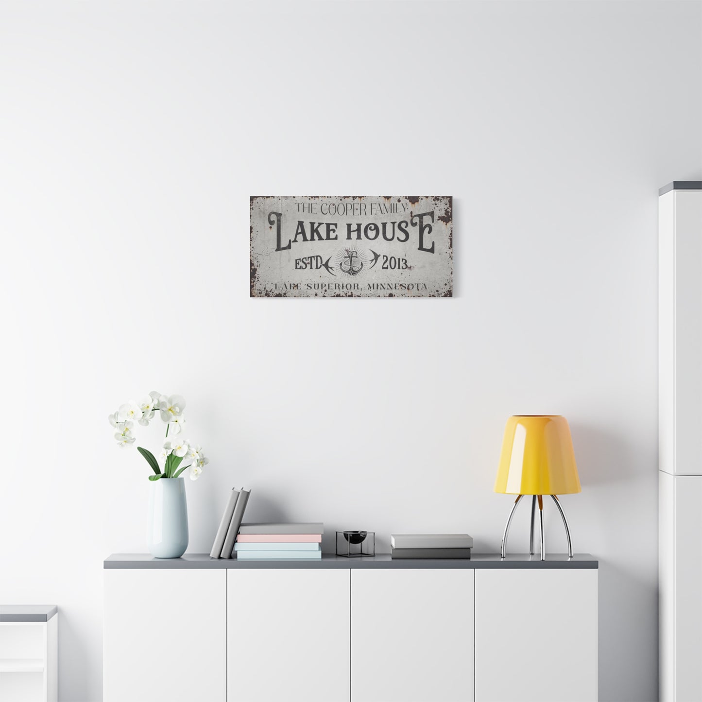 Personalized Lake House Sign – Custom Rustic Farmhouse Wall Decor, Vintage Distressed Canvas, Modern Lakehouse Art, Coordinates Sign, Cabin Cottage Summer Home Gift