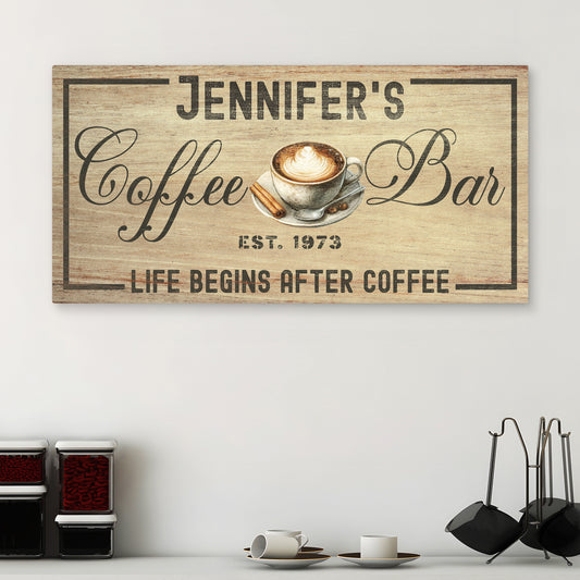 Personalized Coffee Bar Sign - Custom Rustic Coffee Station Wall Art, Family Name Kitchen Canvas