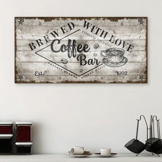 Personalized Vintage Coffee Bar Sign - Rustic Canvas Wall Art with Custom Text for Home Kitchen, Café, or Coffee Station - Farmhouse-Inspired Decor with Brewed Daily Charm