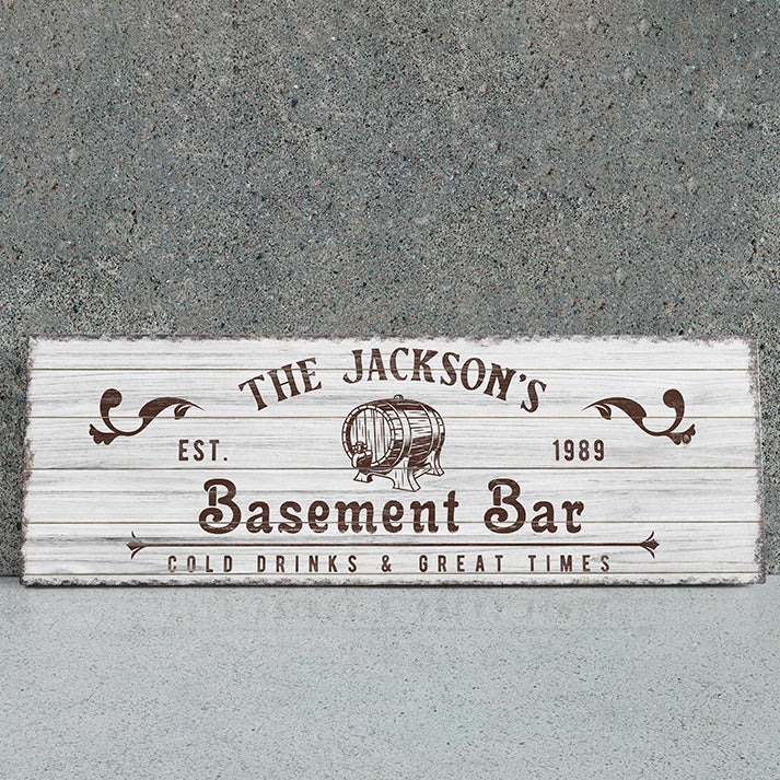 Personalized Basement Bar Sign - Rustic Pub & Man Cave Decor, Custom Wood Bar Sign for Home Bar, Bourbon Barrel Design, Ideal Gift for Him, Father's Day, Housewarming, and More