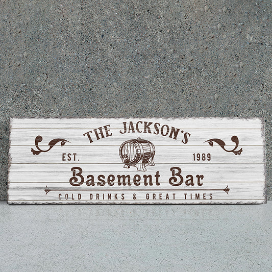 Personalized Basement Bar Sign - Rustic Pub & Man Cave Decor, Custom Wood Bar Sign for Home Bar, Bourbon Barrel Design, Ideal Gift for Him, Father's Day, Housewarming, and More