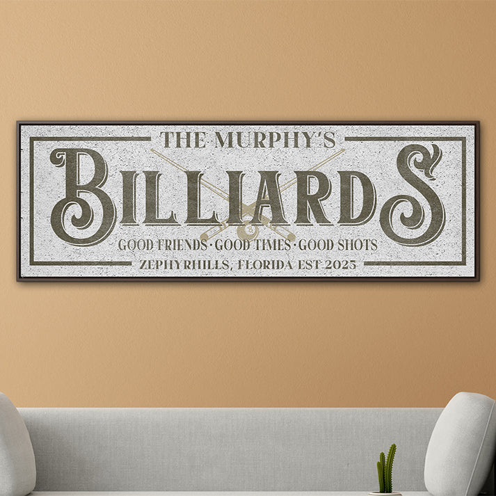 Personalized Billiards Sign - Custom Modern Farmhouse Pool Hall Wall Art, Billiards Decor for Game Room, Man Cave, Bar, and Father's Day Gift - Customizable Family Name or Custom Outdoor Sign