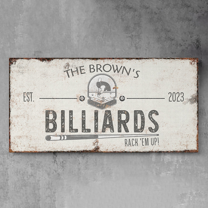 Personalized Billiards Sign - Custom Last Name Pool Hall Wall Art for Man Cave, Basement Bar, Lounge, or Game Room - Rustic Vintage Canvas Decor - Custom Gift for Him, Father's Day, or Housewarming