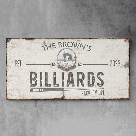 Personalized Billiards Sign - Custom Last Name Pool Hall Wall Art for Man Cave, Basement Bar, Lounge, or Game Room - Rustic Vintage Canvas Decor - Custom Gift for Him, Father's Day, or Housewarming