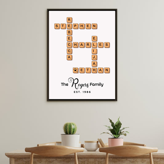 Personalized Family Scrabble Name Sign - Custom Family Name Crossword Sign with Pets for Weddings, Anniversaries, Housewarmings, Valentine’s Day & Special Gifts