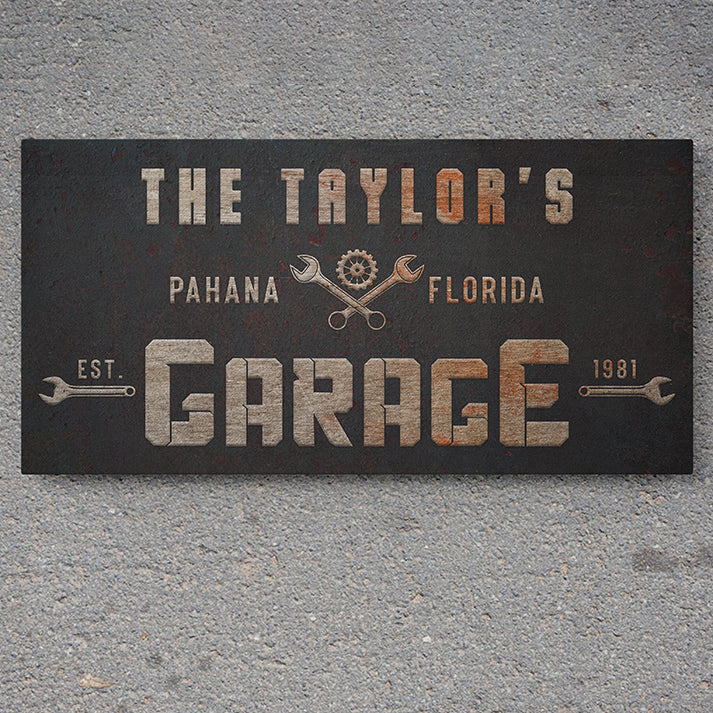 Personalized Garage Sign | Custom Workshop Wall Art & Rustic Garage Decor Canvas | Unique Garage Gifts for Him, Mechanic, and Man Cave