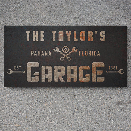 Personalized Garage Sign | Custom Workshop Wall Art & Rustic Garage Decor Canvas | Unique Garage Gifts for Him, Mechanic, and Man Cave