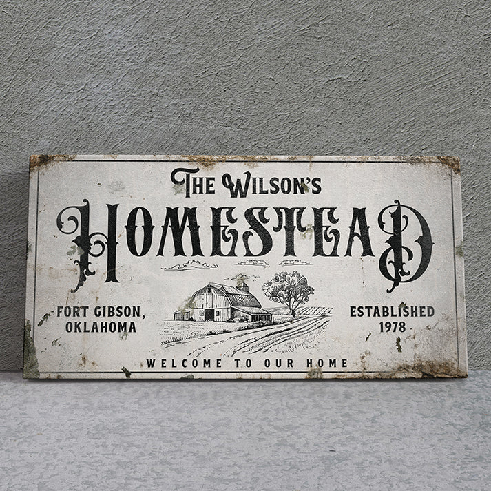 Personalized Vintage Homestead Sign with Sunshine Biscuits, Currier & Ives Spring & Summer Artwork, Cherry Blossoms, Rustic Farm Life, Folk Art, Antique Style Kitchen Decor, Gold and White Side Deco, Galvanized Display