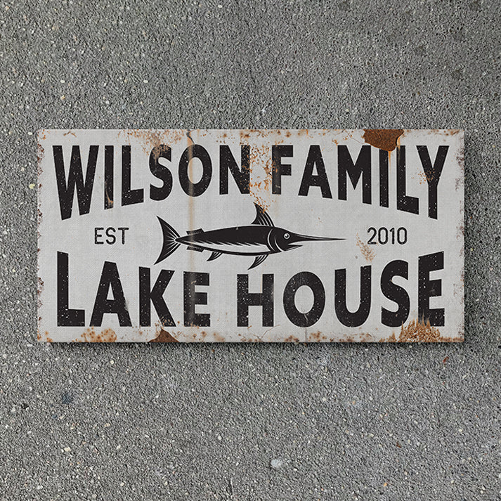 Custom Lake House Sign - Personalized Large Lake House Sign - Vintage Large Mouth Wall Art - Rustic Black and White Farmhouse Decor - Lake Life Wooden Sign for Cabin, Airbnb, or Coastal Home