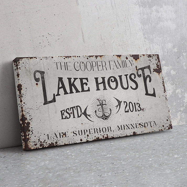 Personalized Lake House Sign – Custom Rustic Farmhouse Wall Decor, Vintage Distressed Canvas, Modern Lakehouse Art, Coordinates Sign, Cabin Cottage Summer Home Gift