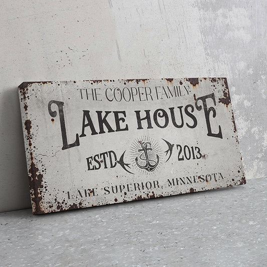 Personalized Lake House Sign – Custom Rustic Farmhouse Wall Decor, Vintage Distressed Canvas, Modern Lakehouse Art, Coordinates Sign, Cabin Cottage Summer Home Gift