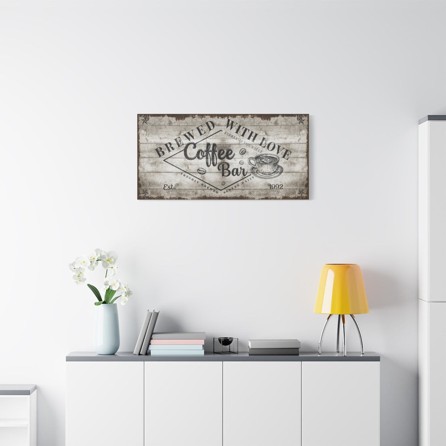 Personalized Vintage Coffee Bar Sign - Rustic Canvas Wall Art with Custom Text for Home Kitchen, Café, or Coffee Station - Farmhouse-Inspired Decor with Brewed Daily Charm