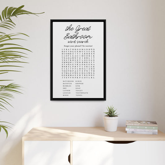 Personalized Bathroom Sign - Word Search Canvas Bath Wall Art - Custom Framed Bath Decor, Farmhouse Signs, Word Search Puzzle Print - Fun Sign