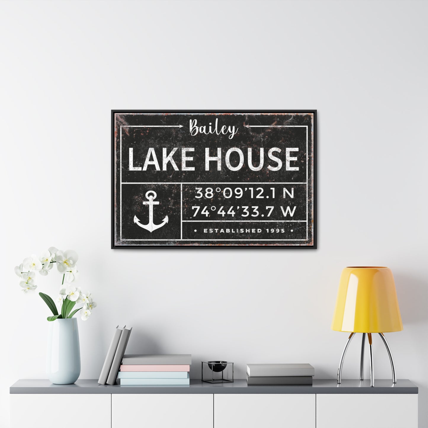 Personalized Lake House Signs - Vintage Lake House Sign with Last Name Canvas - Custom Coordinates and Anchor Art - Unique Housewarming Gift - Decor for Entryway, Patio, or Cottage - Mid Century Modern Lake Poster