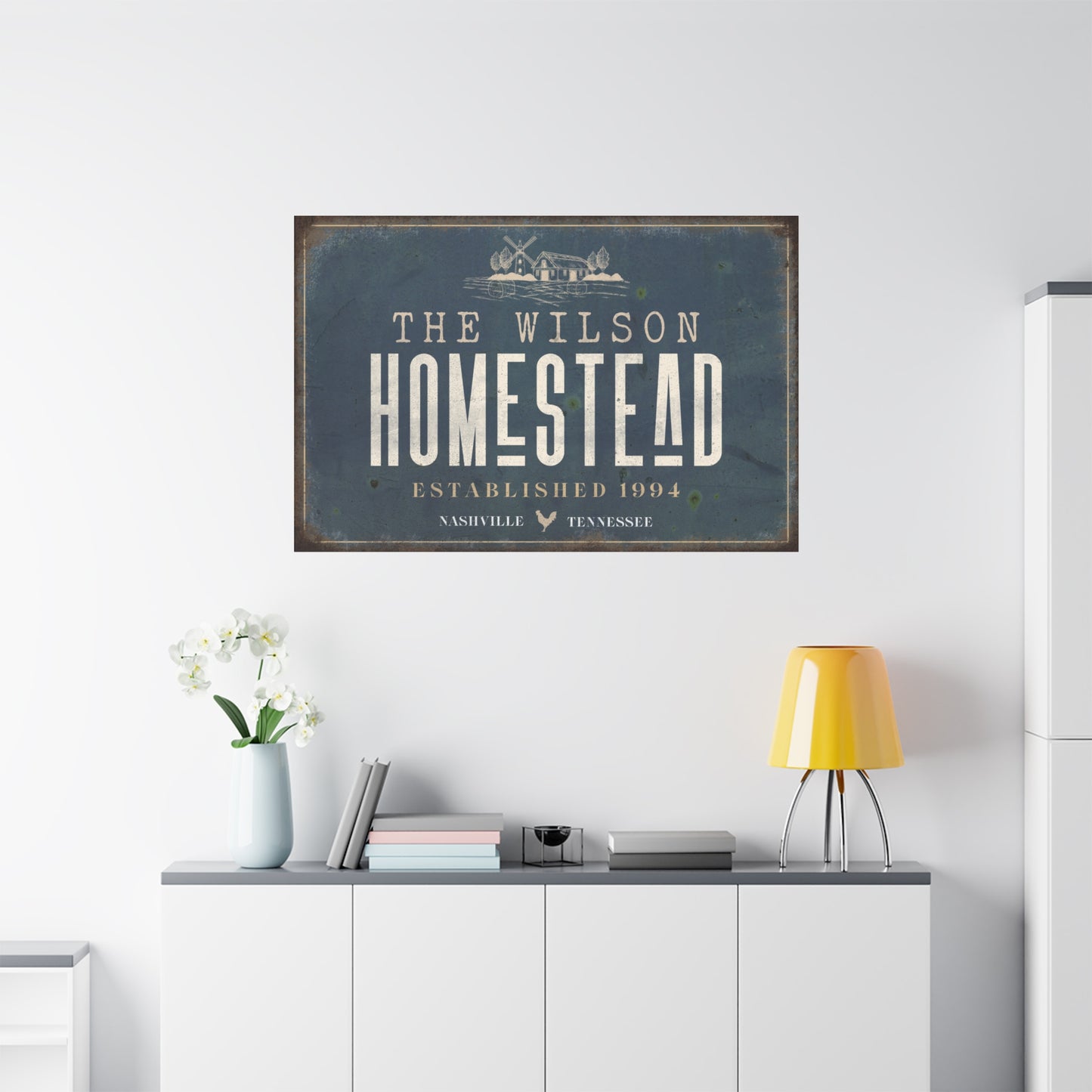 Custom Rustic Homestead Sign - Personalized Family Name Farmhouse Wall Art, Modern Farmstead Decor on Black Canvas, Grunge Country Porch Sign, Established Date Homestead Print