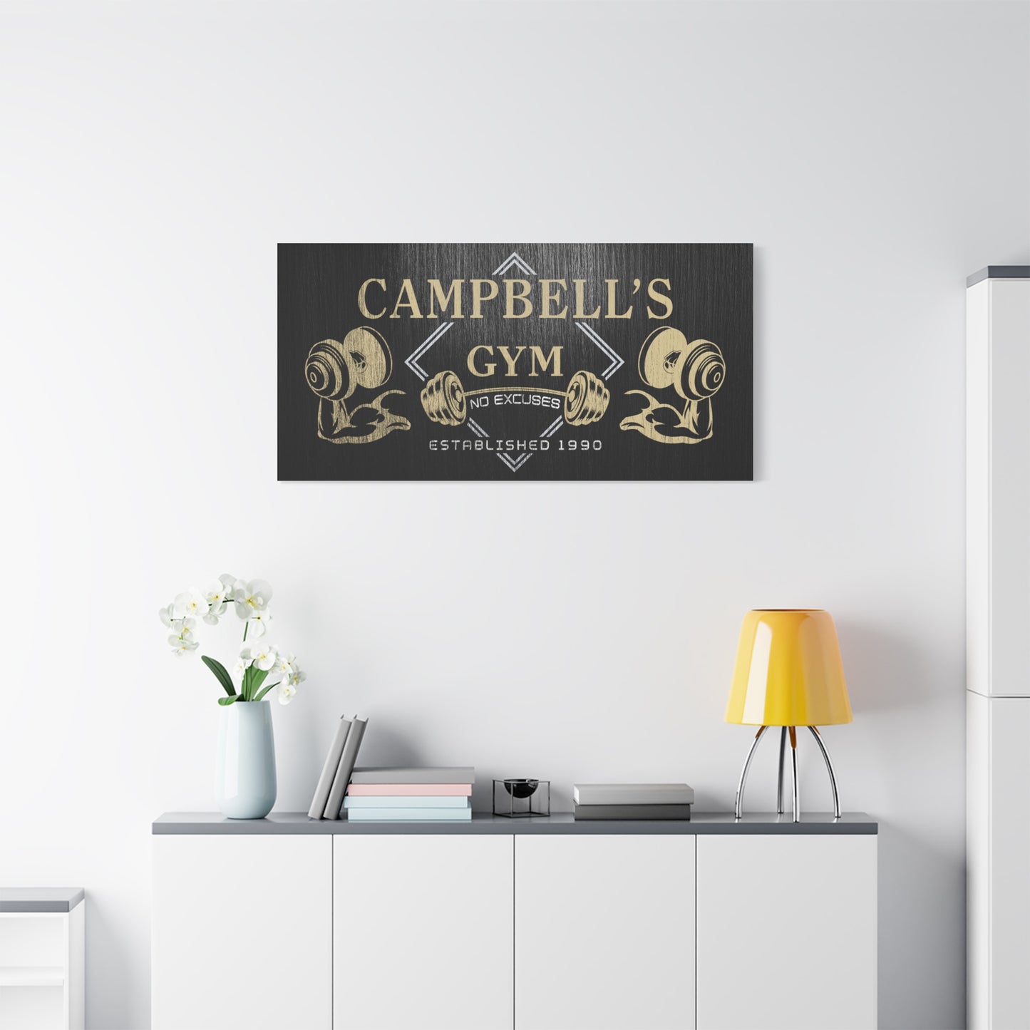 Personalized Home Gym Sign, Custom Name Workout Room Wall Art, No Excuses CrossFit Décor, Unique Gift for Dad, Muscle Dumbbell Gym Décor, Customized Canvas Fitness Décor