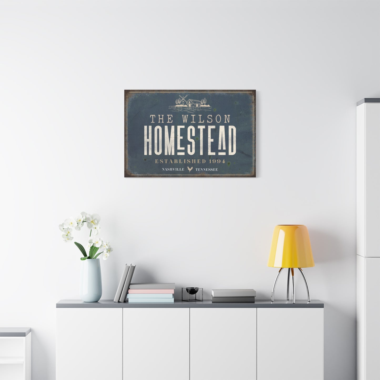 Custom Rustic Homestead Sign - Personalized Family Name Farmhouse Wall Art, Modern Farmstead Decor on Black Canvas, Grunge Country Porch Sign, Established Date Homestead Print