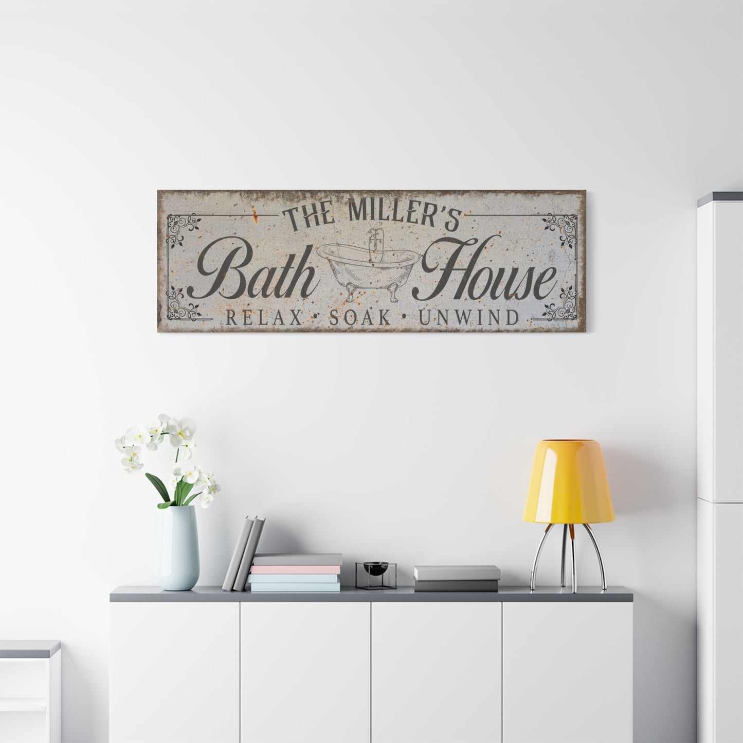 Custom Bathroom Sign – Personalized Bathroom Wall Art with Family Name, Bath House Symbol, Vintage & Modern Bathroom Decor, Large Canvas Print, Housewarming Gift