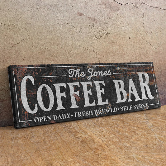 Personalized Rustic Coffee Bar Sign, Custom Eco-Friendly Canvas Wall Art, Durable Matte Canvas with Renewable Pine Frame, Modern Farmhouse Décor, Multiple Sizes Available