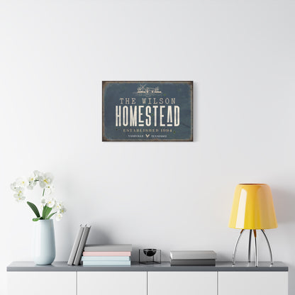 Custom Rustic Homestead Sign - Personalized Family Name Farmhouse Wall Art, Modern Farmstead Decor on Black Canvas, Grunge Country Porch Sign, Established Date Homestead Print