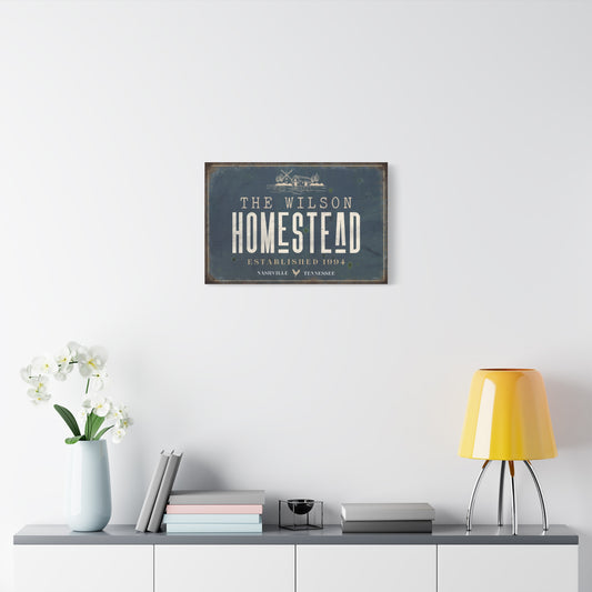 Custom Rustic Homestead Sign - Personalized Family Name Farmhouse Wall Art, Modern Farmstead Decor on Black Canvas, Grunge Country Porch Sign, Established Date Homestead Print