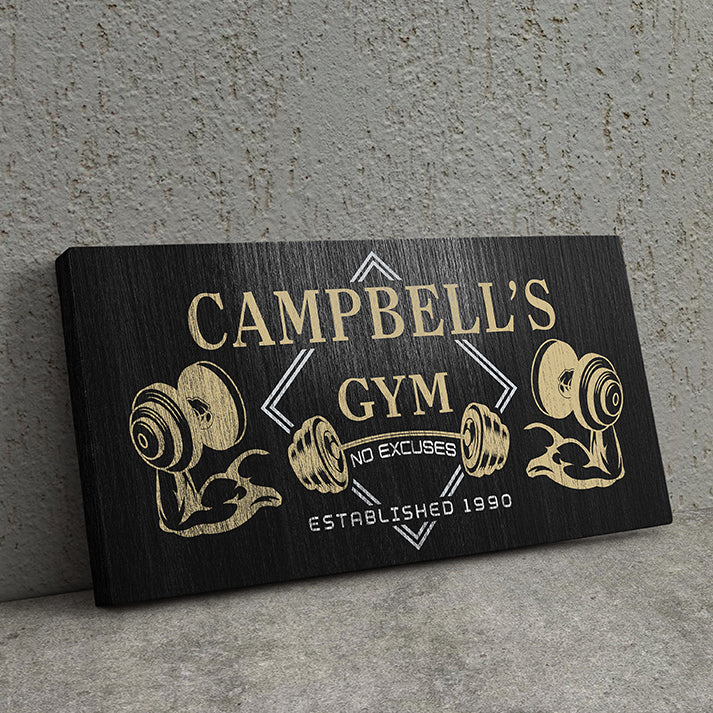 Personalized Home Gym Sign, Custom Name Workout Room Wall Art, No Excuses CrossFit Décor, Unique Gift for Dad, Muscle Dumbbell Gym Décor, Customized Canvas Fitness Décor