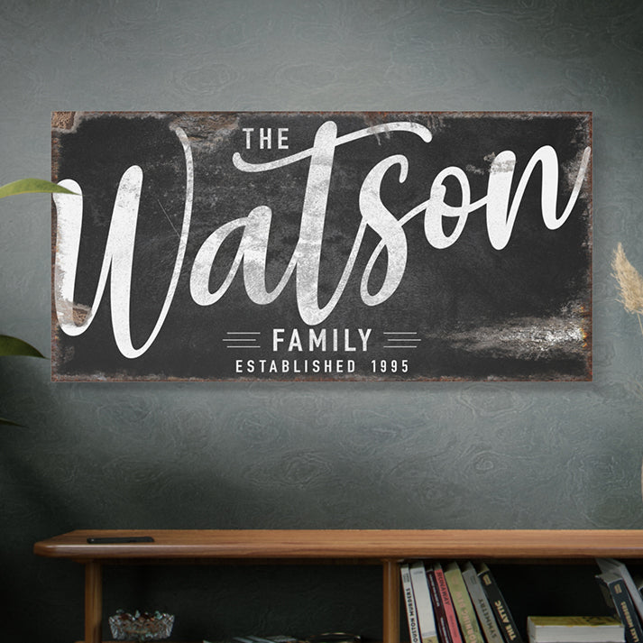 Dark Family Name Sign – Rustic Large Personalized Wall Art, Canvas Family Name Decor