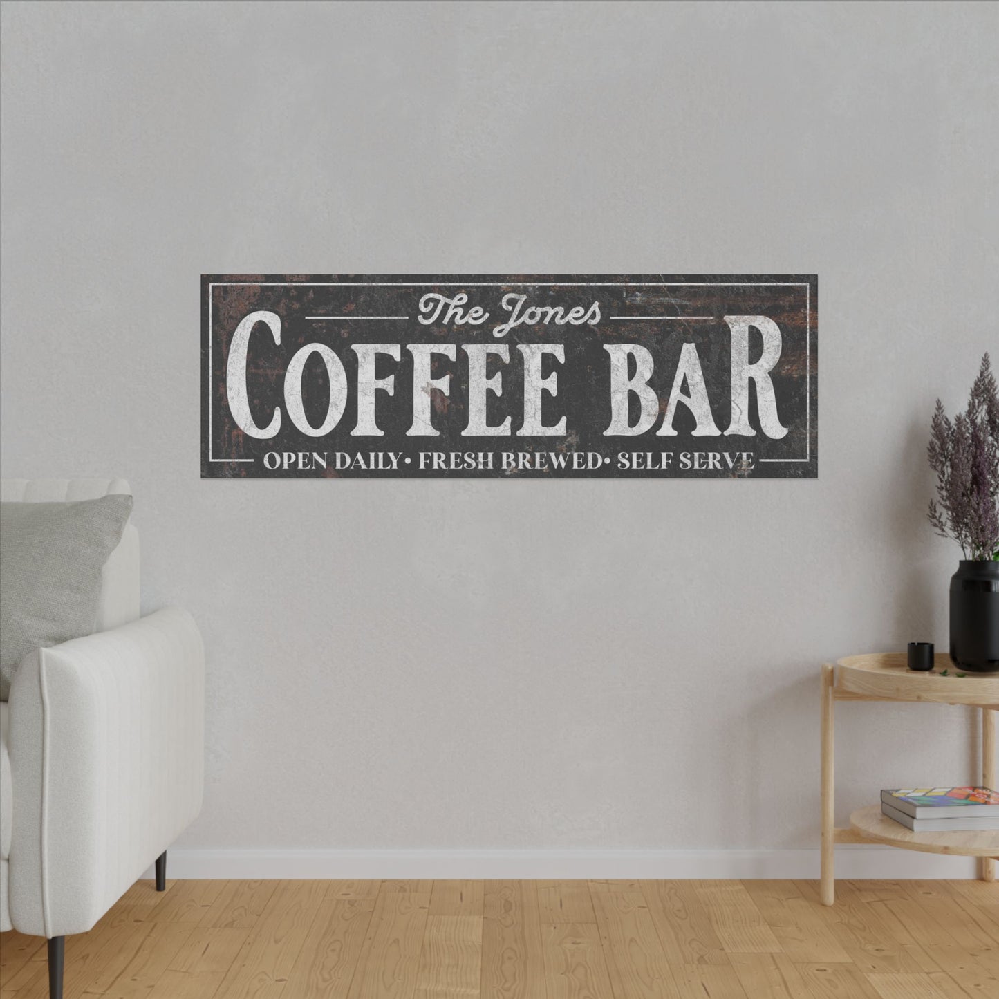 Personalized Rustic Coffee Bar Sign, Custom Eco-Friendly Canvas Wall Art, Durable Matte Canvas with Renewable Pine Frame, Modern Farmhouse Décor, Multiple Sizes Available